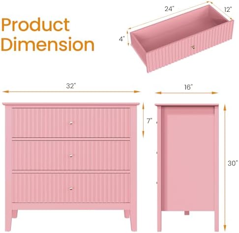 RoyalCraft 32" Large Nightstand, Fluted Painted Wood Dresser with 3 Spacious Drawers, Modern Bedside Table for Bedroom, Living Room, Pink - Image 2
