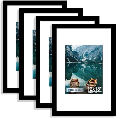 Hongkee 12x18 Picture Frame Set of 4, 12 x 18 Black Wood Style(Mat 8.5x11) by Hongkee