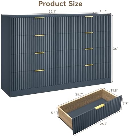 Navy Blue 8 Drawer Dresser for Bedroom, 55" Wide Fluted Chest of Drawers with Gold Metal Handles, Modern Wooden Dresser, Closet Storage Organizer Mid Century TV Stand for Living Room Hallway - Image 2