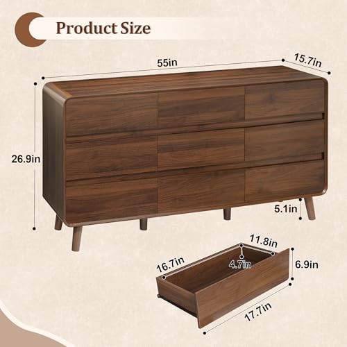 Nasonet 9 Drawer Dresser for Bedroom, 55'' Wide Mid Century Modern Wood Chest of Drawers, Large Storage Drawer Dresser TV Stand, Walnut - Image 2
