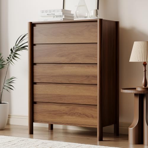 HOUROM Walnut Dresser for Bedroom,45"Tall 5 Drawer Mid Century Modern Chest by HOUROMDresserforBedroom
