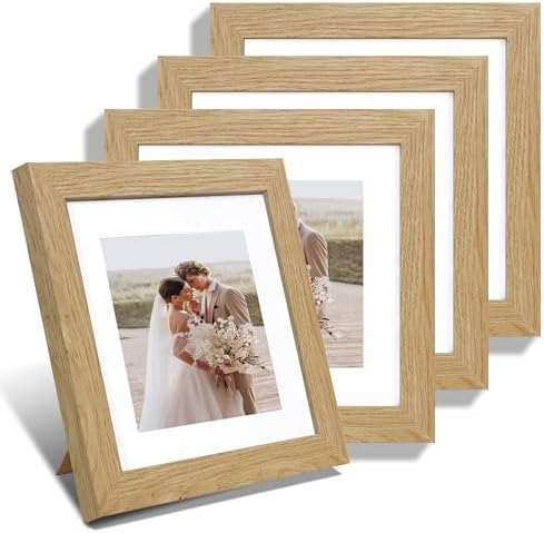 Hongkee 8x8 Picture Frames Set of 4, Made of Glass and Natural Oak Wooden Frame - Display Picture 6x6 with Mat or 8 x 8 Without Mat, 8 by 8 Photo for Wall or Tabletop by Hongkee