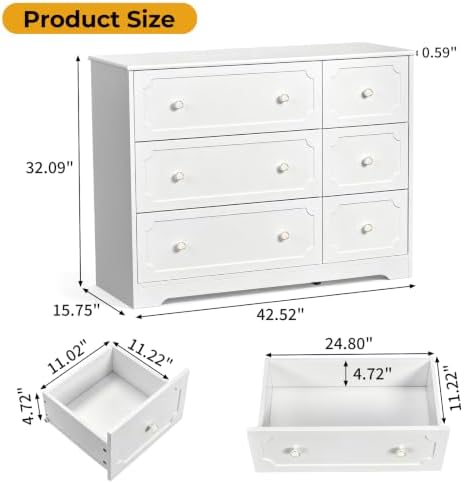 Karl home 6 Drawers White Dresser, Tall Wood Chest for Bedroom - Image 3