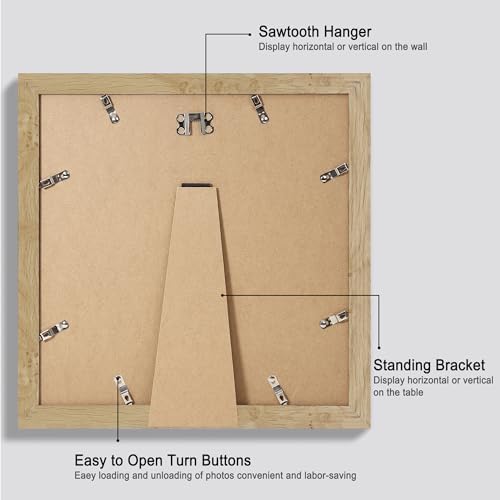 Hongkee 12x12 Picture Frame Set of 4 - Made of Glass and Natural Oak Wooden Frame, Display Square Pictures 10x10 with Mat or 12 x 12 without Mat, Desktop & Wall Collage Photo Frame - Image 3