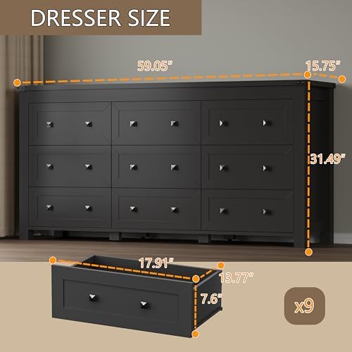 BORNOON 9-Drawer Dresser, Modern Wooden Storage Chest of Drawers, Dresser TV Stand, Wood Drawer Organizer with Metal Handles for Bedroom, Living Room, Hallway - Image 2