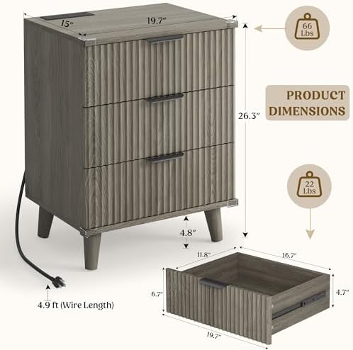 3 Drawers Nightstands Set of 2 w/Charging Station, Modern Fluted Dresser - Image 3
