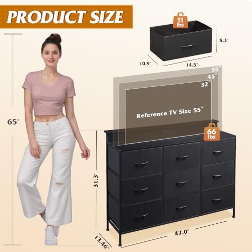 WLIVE Black Dresser TV Stand 9 Drawers, Fabric Chest of Drawers LED Lights - Image 3