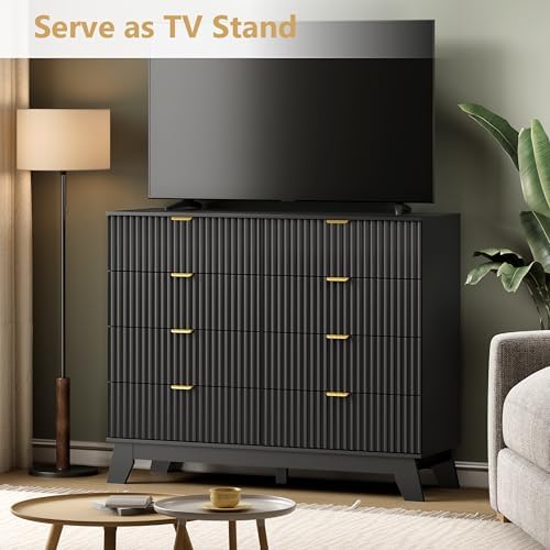 Wodeer 8 Drawer Fluted Dresser for Bedroom, Mid Century Modern Dresser with 8 Drawers, Dressers & Chests of Drawers with Metal Handle, TV Stand & Storage Organizer for Entryway, Hallway, Black - Image 3