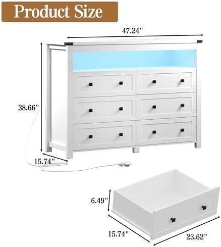 Wodeer White Dresser 6 Drawer Dressers for Bedroom with LED Lights, Charging Station, Wood Chest of Drawers with Metal Handles, Modern TV Stand Storage Cabinet for Living Room, Hallway, Entryway - Image 2