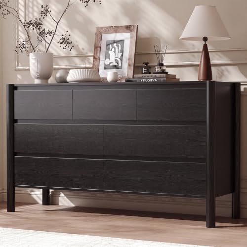 CHUWELL 51.1" Wide Black 7 Drawer Dresser for Bedroom with Solid Wood Legs by CHUWELLStorageCabinet