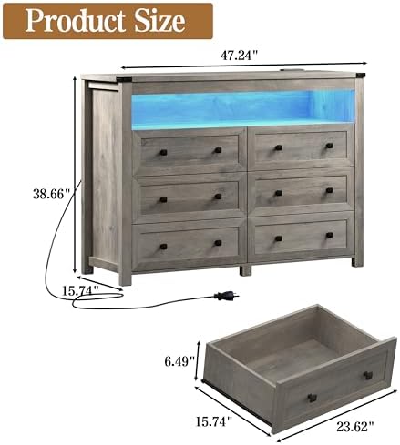 Wodeer Grey Dresser 6 Drawer Dressers for Bedroom with LED Lights, Charging Station, Wood Chest of Drawers with Metal Handles, Modern TV Stand Storage Cabinet for Living Room, Hallway, Entryway, Gray - Image 2