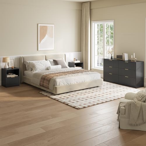 6 Drawer Dresser & 1-Drawer Nightstand Set 3-Piece, Black丨55 Wide Bedroom Set Night Stand Set of 2 with Metal Handle, Fluted Wood Chest of Drawers Storage Dressers Set for Bedroom - Image 3