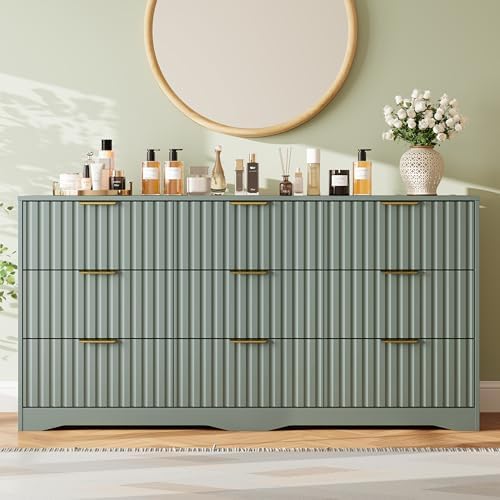 Fluted 9 Drawers Dresser for Bedroom, 63" Wide Wood Dressers, Green - Image 6