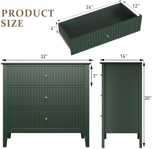 RoyalCraft Large 3 Drawer Dresser Set of 2, Fluted Chest of Drawers with Storage, Modern Painted 30 inch Tall Nightstand for Bedroom Living Room Entryway, Dark Green - Image 2