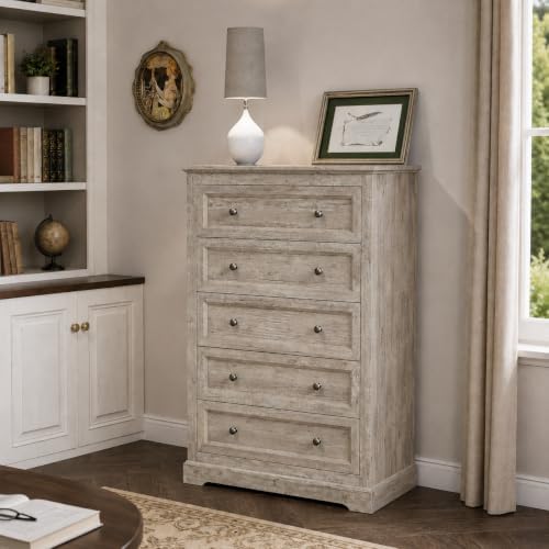 LOUVIXA Farmhouse Dresser 5 Drawer, Bedroom Chest of Drawers, Dressers with 5 Drawers, Wooden Dressers for Bedroom, Living Room, Tv Stand, Entryway(Rustic Yellow) - Image 5