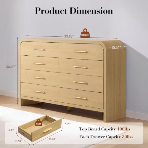 Curved Drawer Dresser for Bedroom with 8 Drawers, 54'' Wide Chest of Drawer - Image 2