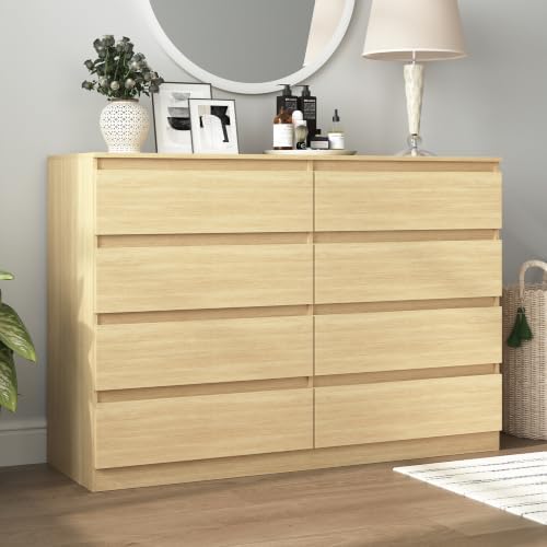 Vibe & Dine 8 Drawer Double Dresser, Modern Chest of Drawers with Wide Storage for Closet, Bedroom, Living Room, Natural Wood - Image 4