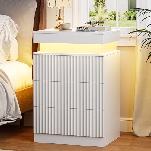 Fluted LED Night Stand with Charging Station, White by yesasin