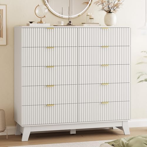 Xixini Fluted Dresser for Bedroom with 10 Drawers, 48" Wide Modern Chest of Drawers with Metal Handle, Wooden Dresser TV Stand, Wood Closet Clothes Storage Organizer for Living Room, Hallway, White by Xixini