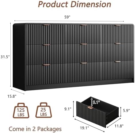 HOUROM Black Fluted Dresser for Bedroom,9 Drawer Chest,59in Wood Cabinet - Image 2