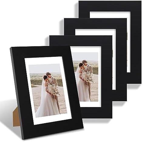Hongkee 4x6 Picture Frame Set of 4, Made of Real Glass and Black Wooden Frame, 4 by 6 Photo for Wall or Tabletop - Display Picture 3.5x5 with Mat or 4x6 Without Mat by Hongkee