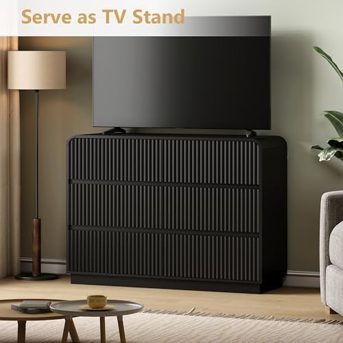 Wodeer Black Dresser Fluted 6 Drawers Dresser for Bedroom, 47" Wide Wood Chest of Drawers with Hidden Handles & Rounded Corners, Modern TV Stand Storage Cabinet for Living Room, Hallway, Entryway - Image 3