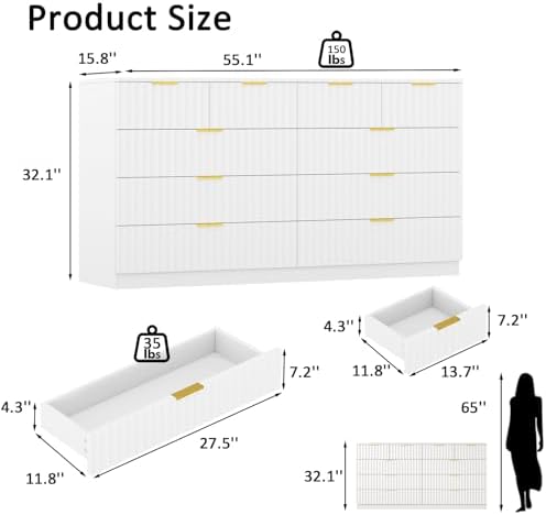 55.1" Wide Fluted 10 Drawer Dresser for Bedroom, White - Image 2