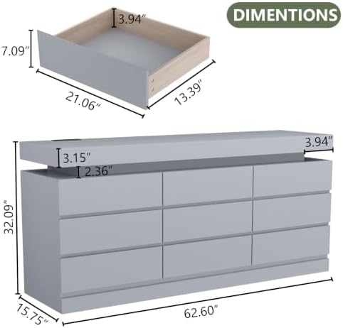 Gyfimoie 9 Drawer Dresser with Power Outlet, Modern Dresser with LED Light - Image 2