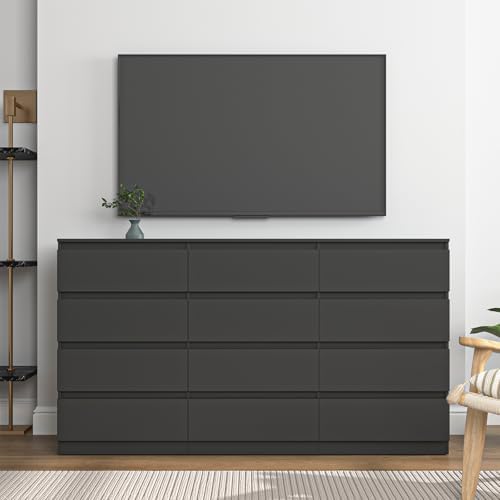 Black 12 Drawer Dresser for Bedroom,Modern Long Deep Drawer Dresser,Wood Storage Chest of Drawer, Storage Organizer Drawers for Bedroom - Image 4