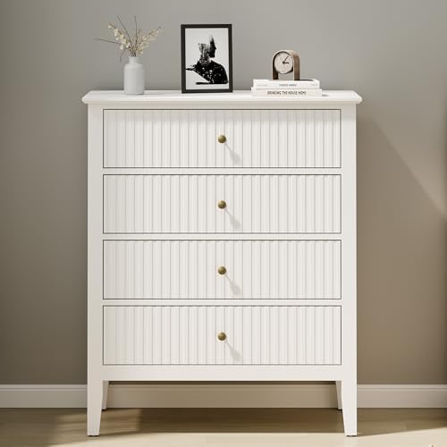 RoyalCraft White Fluted 4 Drawer Dresser for Bedroom, Modern Chest of Drawers, Wood Dresser for Storage Clothes, Wooden Storage Cabinet Nightstand for Bedroom, Hallway, Living Room, Entryway by Bringyoubetterlife