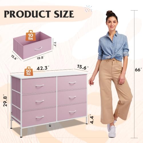 WLIVE Pink Fabric Dresser for Bedroom, 6 Drawer Dressers, Chest of Drawers - Image 3