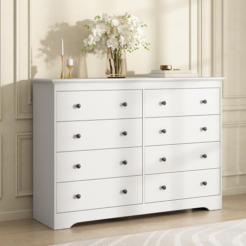 White Dresser for Bedroom, 8 Drawer Dresser with Large Drawers, 51 Inch Wide Wood Chest for Living Room, Hallway by BAZELOR