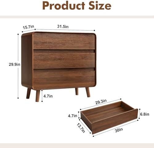 Nasonet 3 Drawer Dressers for Bedroom, Mid Century Modern Chests of Drawers, Curved Dresser with Storage Drawer, Wooden Bedroom Furniture Drawer for Closet, Home Office, Walnut - Image 2