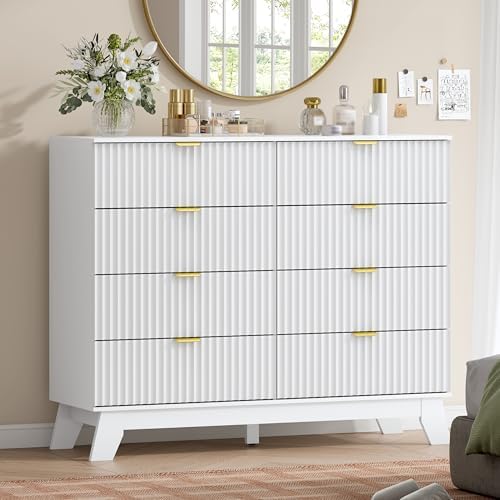 Wodeer 8 Drawer Fluted Dresser for Bedroom, Mid Century Modern Dresser with 8 Drawers, Dressers & Chests of Drawers with Metal Handle, TV Stand & Storage Organizer for Entryway, Hallway, White by WODEER