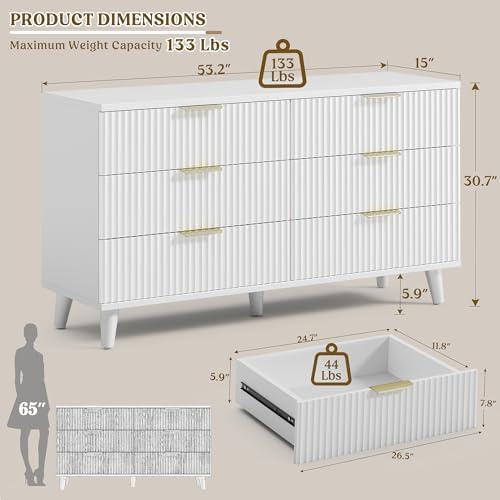 Wood Tall 6 Drawers Dresser, 53.2" W Fluted Modern Dressers for Bedroom - Image 2