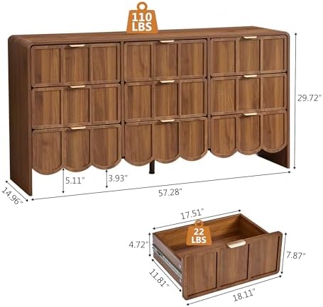 ORRD 9 Drawer Dresser for Bedroom, Modern Closet Chest of Drawers with Wave Fluted Drawer, Wood Storage Small Dresser Organizer for Nursery Bedroom Living Room Hallway Closet (Walnut) - Image 2