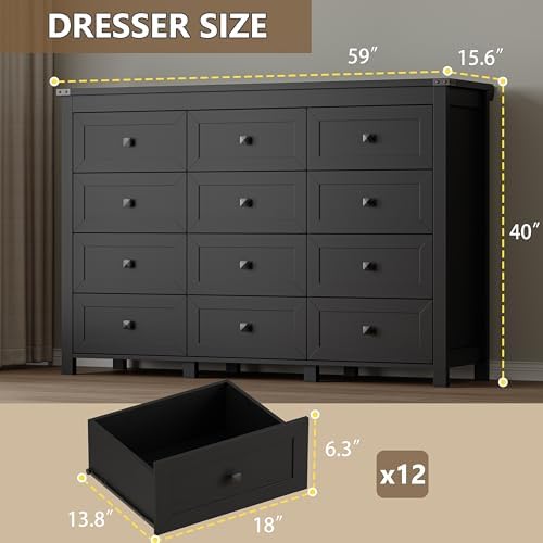 BORNOON 12-Drawer Dresser, Modern Wooden Storage Chest of Drawers, Dresser TV Stand, Wood Drawer Organizer with Metal Handles for Bedroom, Living Room, Hallway - Image 2