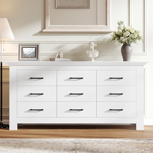 9 Drawer Dresser for Bedroom, Wood Dresser Chests of Drawers with Metal Handle, Triple Wide Dressers, Vintage Design Storage Chest Cabinet and Organizer Drawers for Closet, Hallway, Entryway, White - Image 5