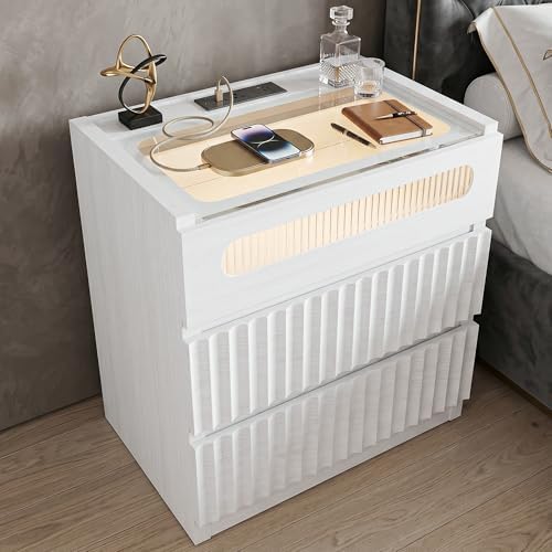 Modern Nightstand with Charging Station,Fluted 3 Drawers,White Oak Finish by SENLIN
