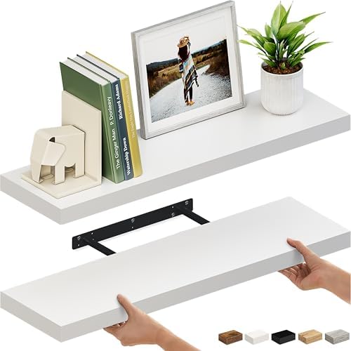 Ballucci Floating Shelves for Wall, 36" Wood Wall Shelf Set of 2, with Invisible Brackets for Bathroom, Living Room, Bedroom, Kitchen, Nursery, 8" Deep, White by Ballucci