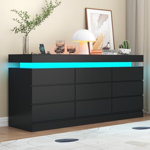 Gyfimoie 9 Drawer Dresser with Power Outlet, Modern Dresser with LED Light by Gyfimoie