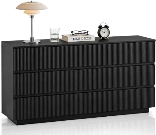 Karl home Black 6 Drawer Fluted Dresser, Modern Storage Chest of Drawers by Karlhome