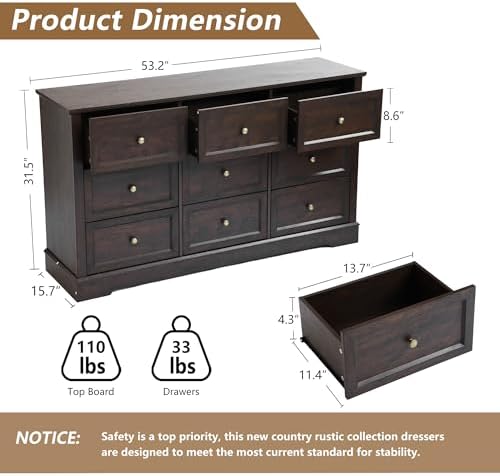 LOUVIXA Farmhouse Dresser 9 Drawer, Bedroom Chest of Drawers, Dressers with 9 Drawers, Wooden Dressers for Bedroom, Living Room, Tv Stand, Entryway(Vintage Brown) - Image 2