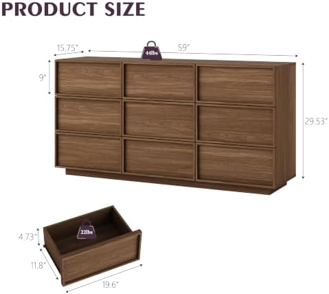 9 Drawer Dresser for Bedroom, 59.1" Wide Double Chest of Drawers with Storage, Wood Dresser TV Stand, Modern Closet Store Organizer for Living Room, Hallway, Nursery, Walnut - Image 2