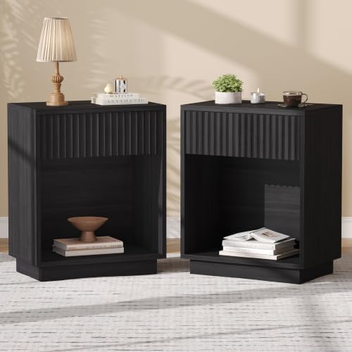 Fluted Nightstands Set of 2, Mid Century Bedside End Side Table by Zeibospri