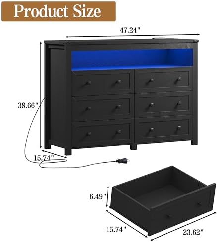 Wodeer Black Dresser 6 Drawer Dressers for Bedroom with LED Lights, Charging Station, Wood Chest of Drawers with Metal Handles, Modern TV Stand Storage Cabinet for Living Room, Hallway, Entryway - Image 2