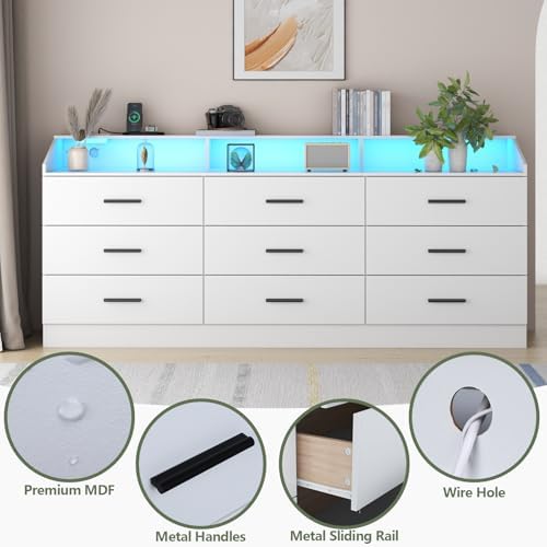 9 Drawer Dressers for Bedroom with Charging Station &Led, 63'' Long Dresser - Image 6