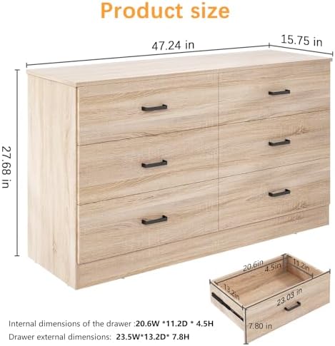 Bigbiglife Dresser for Bedroom, 6 Drawer Double Dresser, Modern Chest of Drawers with Deep Drawers, TV Stand Large Storage Organizer for Living Room, Closet (Light Oak) - Image 3