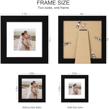 Hongkee 6x6 Picture Frame Set of 4, Made of Real Glass and Black Wooden Frame - Display Picture 4x4 with Mat or 6 x 6 Without Mat, 6x6 Photo for Wall or Tabletop - Image 2