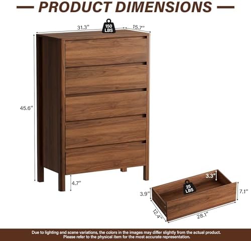 Walnut Dresser for Bedroom, 5 Drawer Dresser with Wood Legs, Tall Wood Dresser, Mid Century Modern Chest of Drawers, Large Storage Bedroom Furniture, Walnut - Image 2